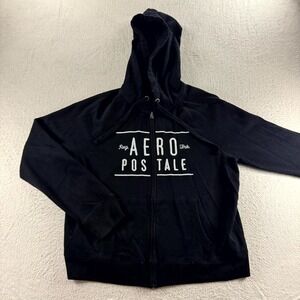 Aeropostale Hoodie Womens XL Black Logo Fleece Lined Cotton Full Zip Sweatshirt